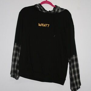 Black Hoodie with Plaid Sleeves and 'WHAT?' Print